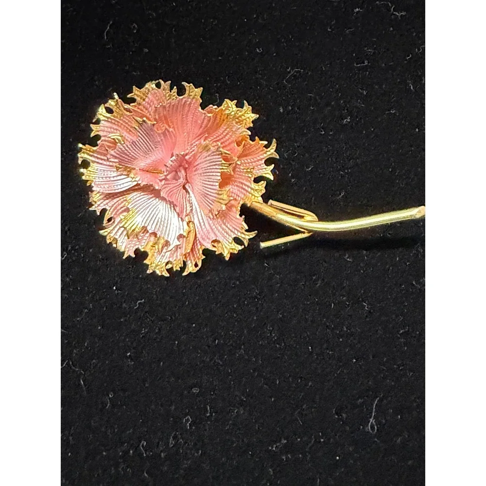 Vintage Pink Enamel Carnation Flower Brooch Gold Tone Textured Floral Pin